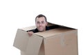 Young business man hiding in a cardboard box Royalty Free Stock Photo