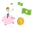 Young business man holding phone and ride pink pig to keep money