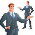 Young business man presenting. Isolated vector illustration. Royalty Free Stock Photo