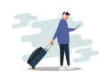 Young business man pulling the luggage busy with mobile phone. Bleisure concept. Work life balance. Digital nomad. Vector flat Royalty Free Stock Photo