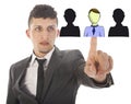Young business man selecting virtual friends isolated Royalty Free Stock Photo