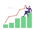 Young Business Man Sitting on Top of Growing Column Chart Drawing Curve Line. Businessman Work on Growth Data Analysis