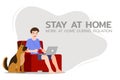 Young business man is sitting and working with laptop on the sofa at home with his dog. Online job in social for safety and to pro Royalty Free Stock Photo