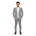 Young business man standing in grey suit with hands in his pockets Royalty Free Stock Photo