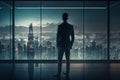 Young business man standing in office watching the modern city night view Generative AI Royalty Free Stock Photo