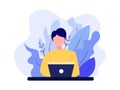Young business man working with his laptop in the office or home. Freelance job. Flat style vector illustration. Can be use for Royalty Free Stock Photo