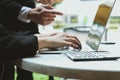 young business people having a meeting. businessman & businesswoman working with computer at cafe. startup man & freelance woman Royalty Free Stock Photo