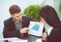 Young business people making meeting and talking for analyzing marketing working at office on desk. Royalty Free Stock Photo