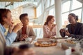 Young business team enjoys to have a lunch break in the company building together. Business, people, company Royalty Free Stock Photo