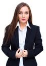 Young business woman in black business suit, isolated over white Royalty Free Stock Photo