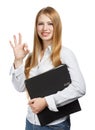 Young business woman with black folder on white background Royalty Free Stock Photo