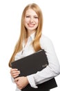 Young business woman with black folder on white background Royalty Free Stock Photo