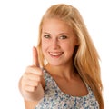 Young business woman with blonde hair and blue eyes gesturing success showing thumb up isolated over white background Royalty Free Stock Photo