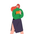 Young business woman carrying tablet, holds notebook. Redhead girl, student in slit skirt walking. Happy office worker