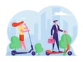 Young Business Woman in Casual Stylish Dress Drinking Coffee and Handsome Man in Formal Clothing Riding Electric Scooter Royalty Free Stock Photo