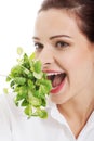 Young business woman eating lettuce. Royalty Free Stock Photo