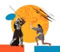 Young business woman fight with medieval warrior in armored clothes on colored abstract background with pencil sketches