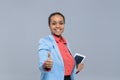 Young Business Woman Hold Tablet Computer African American Girl Thumb Up Approve Royalty Free Stock Photo