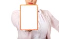 Young business woman holding a board with ban Royalty Free Stock Photo