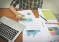 Young business woman holding a pen pointing the graph and partnership to analyze the marketing plan with  laptop computer on wood Royalty Free Stock Photo