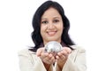 Young business woman holding puzzle globe Royalty Free Stock Photo