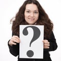 Young business woman holding a question mark. Royalty Free Stock Photo