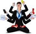 Young business woman in the image of the multi-armed deity Shiva copes with multitasking while sitting in the yoga Lotus position