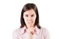 Young business woman making silence gesture isolated over white. Royalty Free Stock Photo