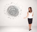 Young business woman with media doodle scribble Royalty Free Stock Photo