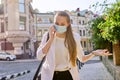 Young business woman in medical protective mask talking on smartphone Royalty Free Stock Photo