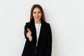 Young business woman offering handshake, isolated on white background Royalty Free Stock Photo