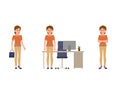 Young business woman in office cartoon character. Female clerk different poses.