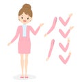 Young business woman in pink office clothes with different hand and arm poses. Flat cartoon girl in uniform.