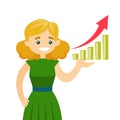 Young business woman pointing at chart going up.