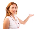 Young business woman pointing to open space Royalty Free Stock Photo