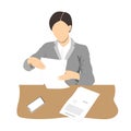 Young business woman reading documents and sitting at the office desk. Businesswoman silhouette, vector flat Royalty Free Stock Photo