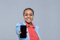 Young Business Woman Show Cell Smart Phone Empty Screen African American Girl Happy Smile Businesswoman Royalty Free Stock Photo