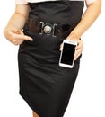 Young business woman showing with black display of mobile phone Royalty Free Stock Photo