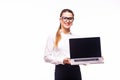 Young business woman showing blank laptop screen Royalty Free Stock Photo