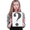 Young business woman showing a sheet with a question mark. Royalty Free Stock Photo