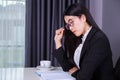 Business woman sitting at the desk and and thinking to her work Royalty Free Stock Photo