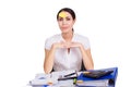 Young business woman sitting in office with clear