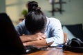 young Business woman sleeping by closing laptop while working, concept of new normal burnout, over or late night work at Royalty Free Stock Photo