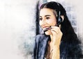 Young business woman smile portrait and thinking at desk on watercolor illustration painting background. Royalty Free Stock Photo
