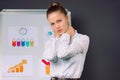 Young business woman squeezes her neck during a conference. Fatigue in business and pandemic Gray background