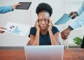 Young business woman stressed, concept of demanding coworkers deadlines pressure Royalty Free Stock Photo