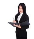 Business woman in suit writing on a clipboard isolated on white Royalty Free Stock Photo