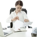 Young business woman tear paper on her desk Royalty Free Stock Photo