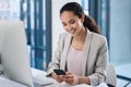 Young business woman, texting and phone in office with smile, email communication and chat with online date