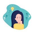 Young business woman thinking standing under question marks. Vector flat cartoon illustration character icon. Business woman